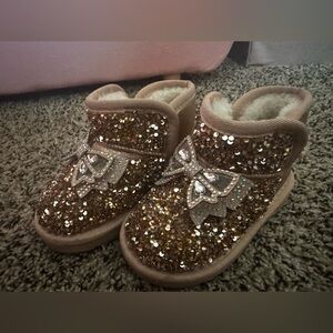 Sparkling Gold Sequin Boots with Bow